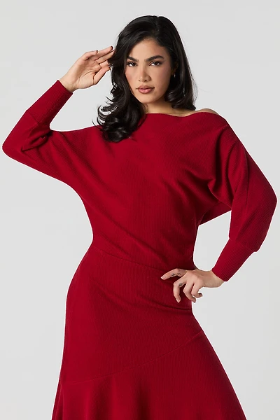 Ribbed Knit Boat Neck Long Sleeve Top