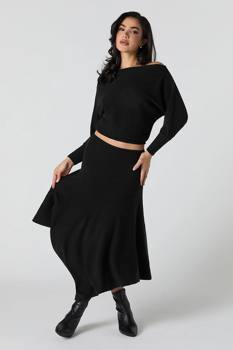 Ribbed Knit Asymmetrical Midi Skirt