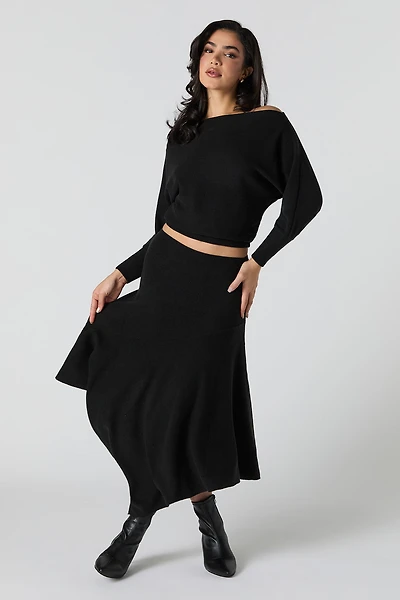Ribbed Knit Asymmetrical Midi Skirt