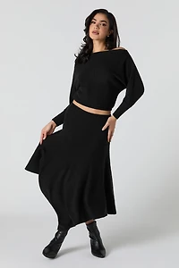 Ribbed Knit Asymmetrical Midi Skirt