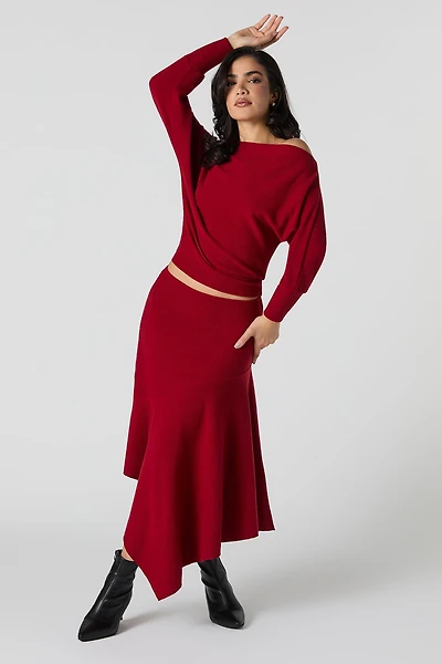 Ribbed Knit Asymmetrical Midi Skirt