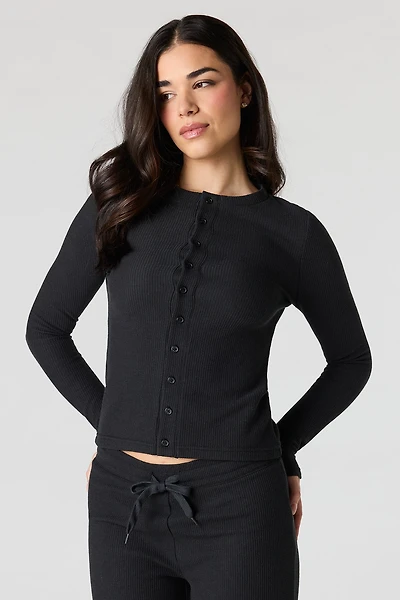 Waffle Knit Button-Up Long Sleeve Top