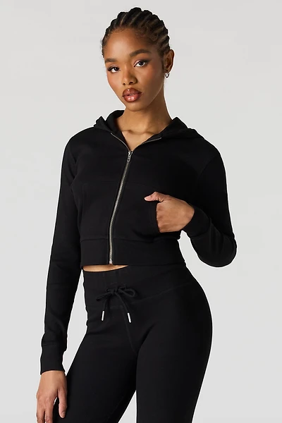 Cropped Zip-Up Ribbed Hoodie