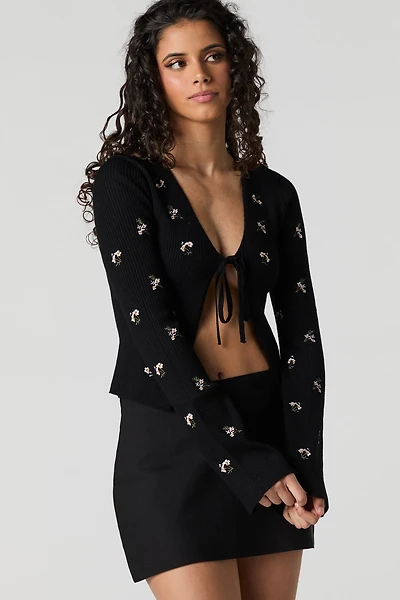 Ribbed Knit Floral Embroidered Tie Front Cardigan