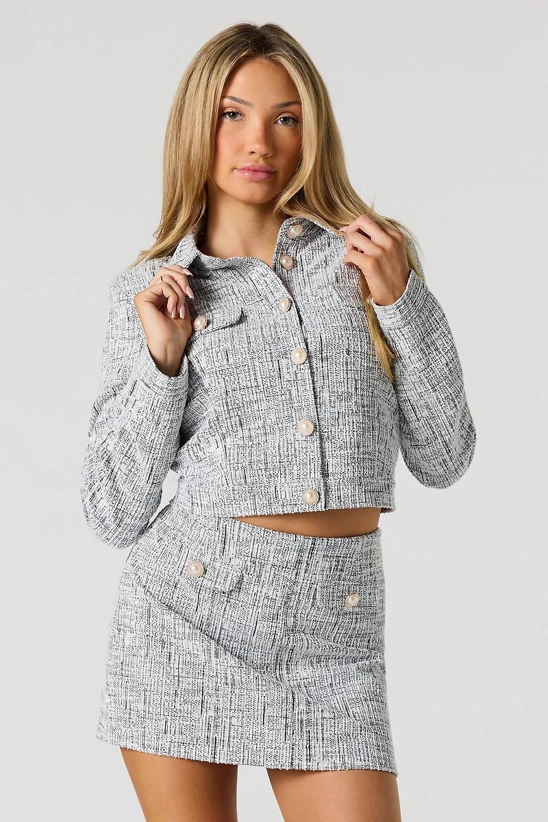 Blazer boutonné en tweed avec similiperles