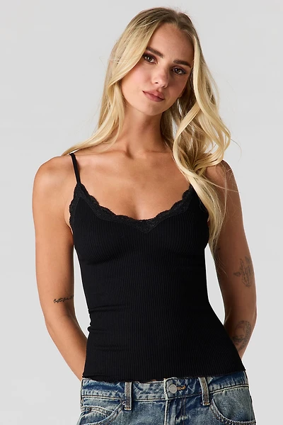 Lace Trim Ribbed Seamless Cami