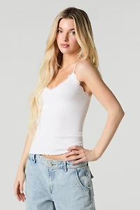 Camisole côtelée sans couture avec bordure en dentelle