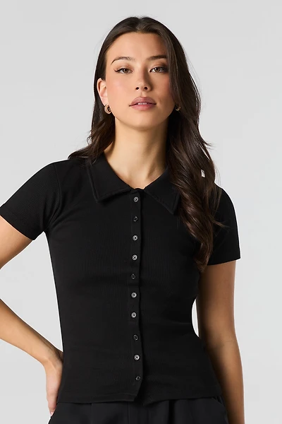 Ribbed Collared Button-Up Short Sleeve Top