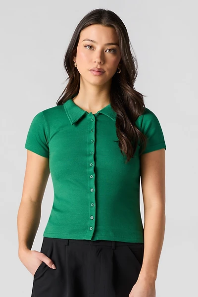 Ribbed Collared Button-Up Short Sleeve Top