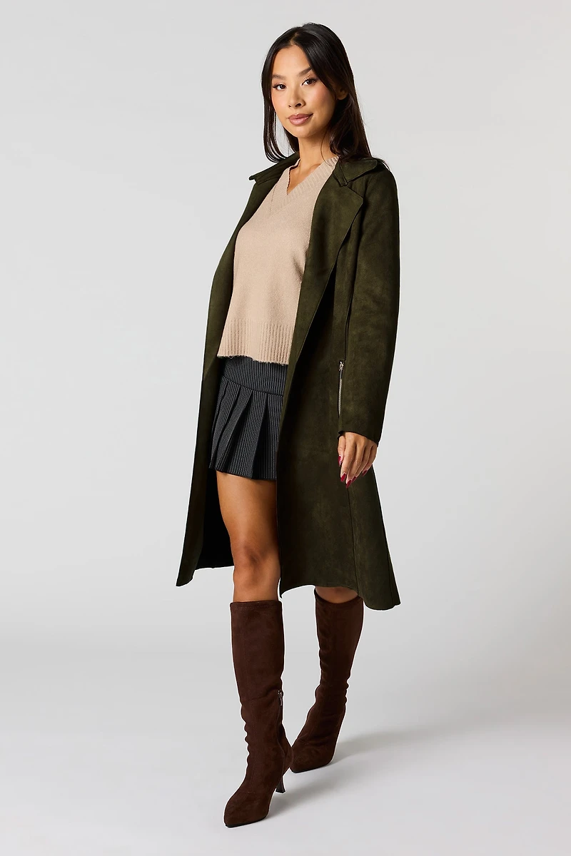 Faux Suede Trench Coat