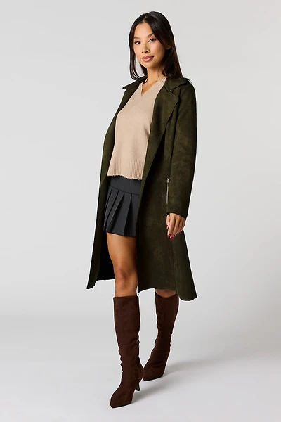 Faux Suede Trench Coat