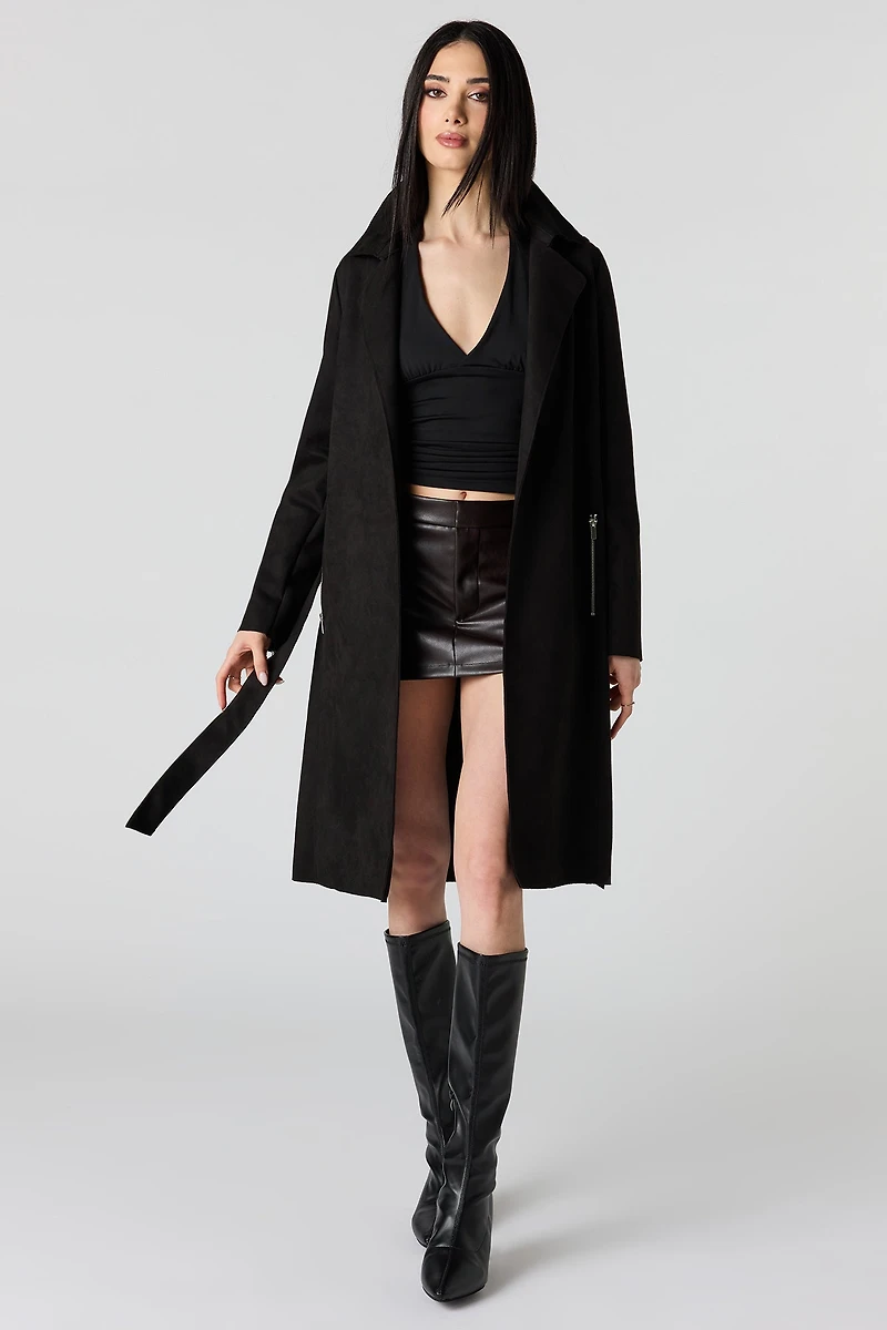 Faux Suede Trench Coat