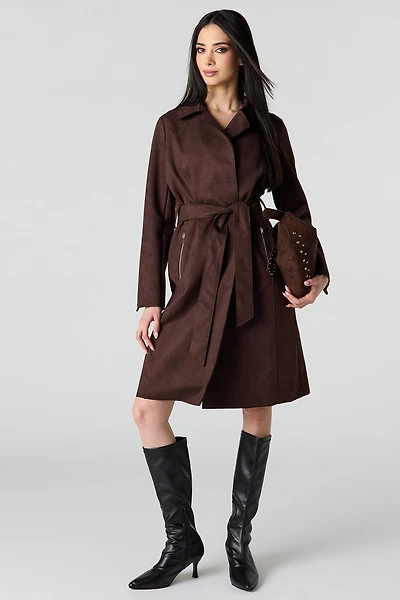 Faux Suede Trench Coat