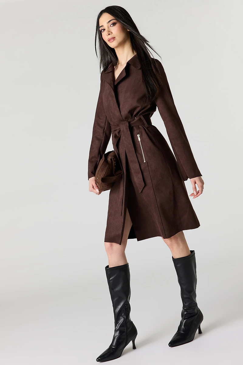 Faux Suede Trench Coat
