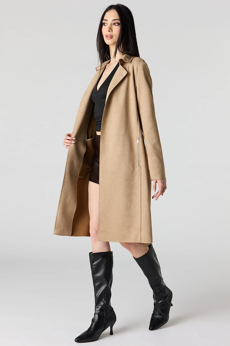 Faux Suede Trench Coat
