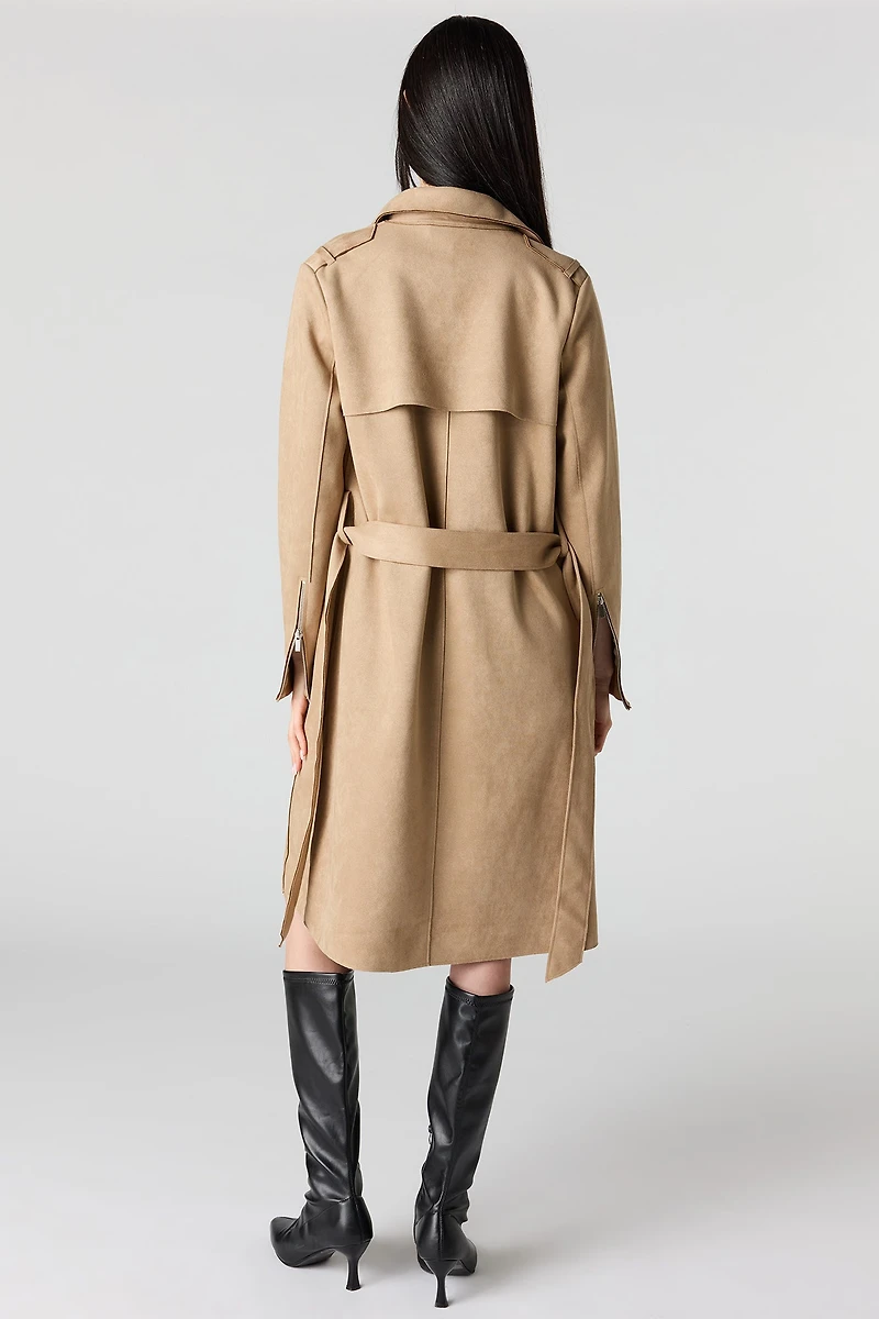 Faux Suede Trench Coat