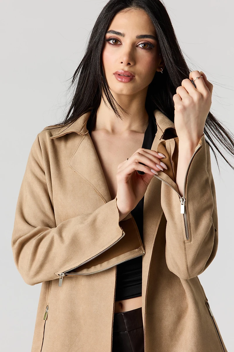 Faux Suede Trench Coat