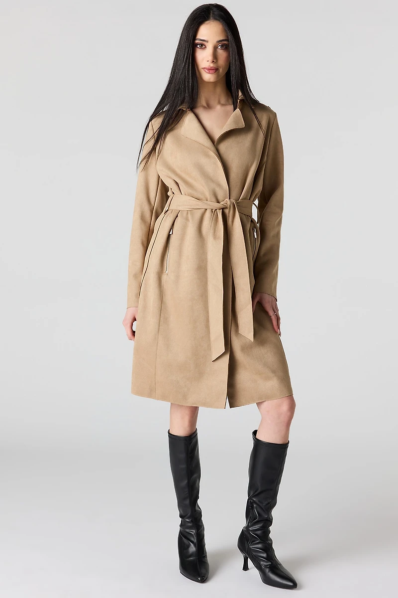 Faux Suede Trench Coat