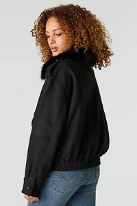 Suede Fur Trim Bomber Jacket