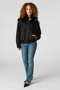 Suede Fur Trim Bomber Jacket