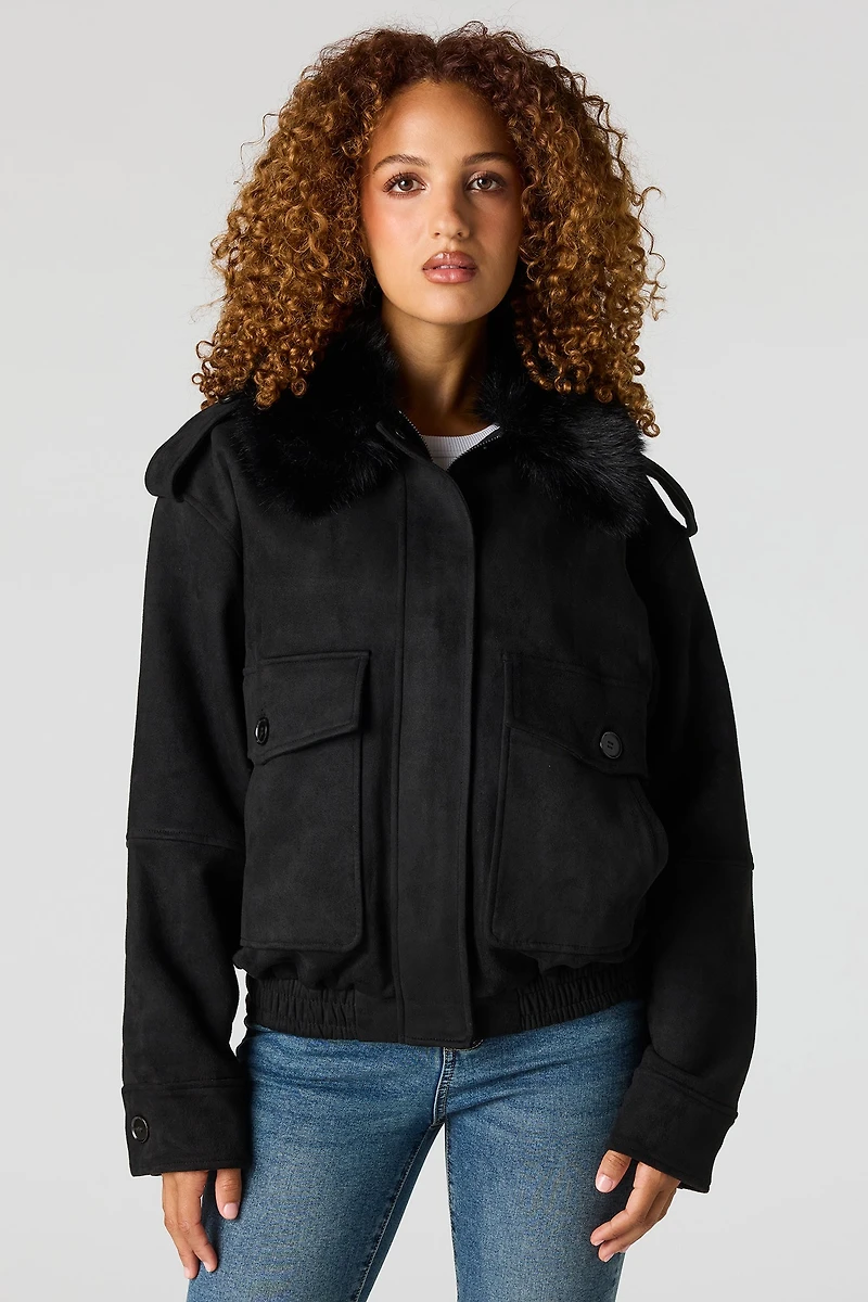 Suede Fur Trim Bomber Jacket