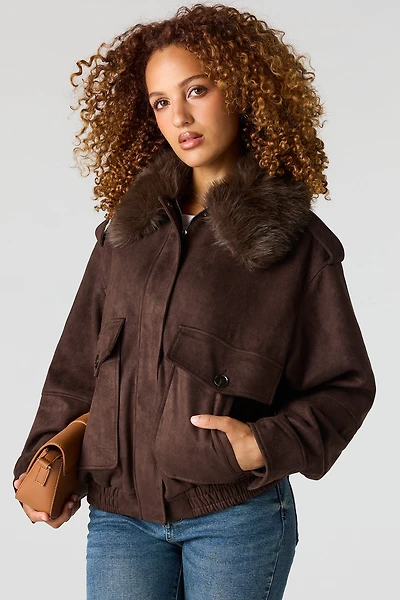 Suede Fur Trim Bomber Jacket
