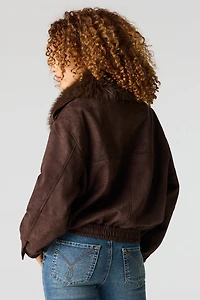 Suede Fur Trim Bomber Jacket