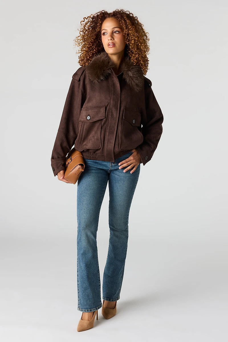 Suede Fur Trim Bomber Jacket