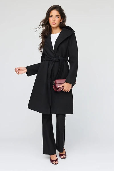 Faux Wool Belted Coat With Hood
