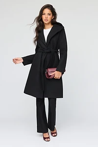 Faux Wool Belted Coat With Hood