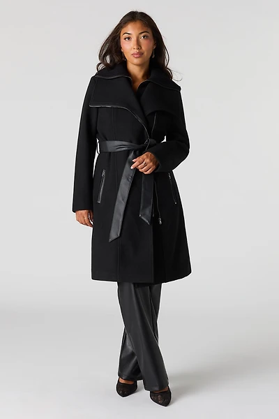 Double Collared Belted Zip-Up Coat