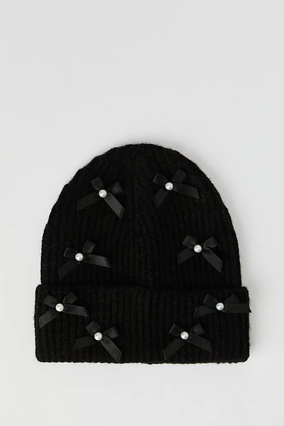 Faux Pearl Bow Beanie