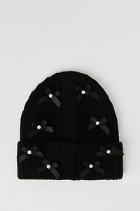 Faux Pearl Bow Beanie