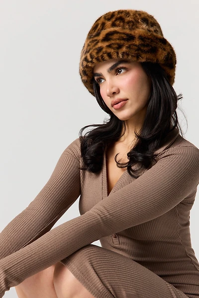 Cheetah Print Faux Fur Bucket Hat