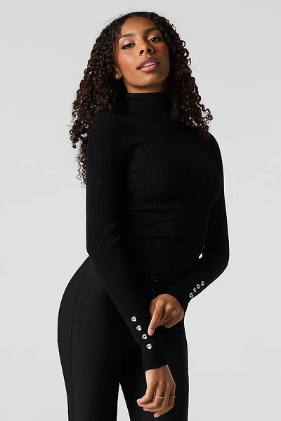 Ribbed Button Sleeve Turtleneck Sweater