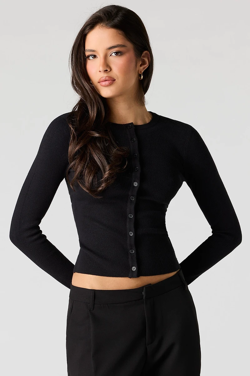 Ribbed Button-Up Fitted Sweater