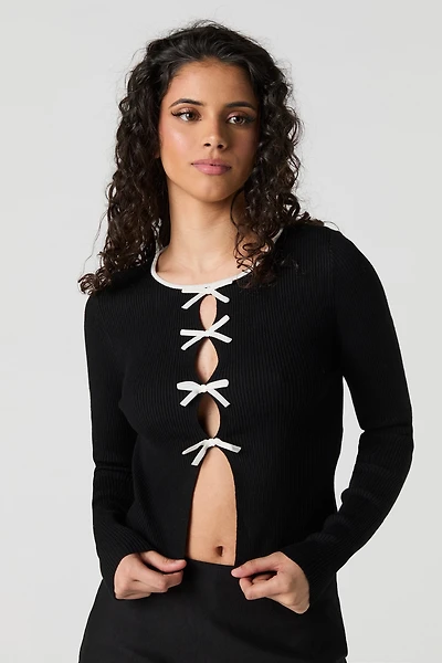 Bow Cut-Out Ribbed Sweater Knit Top