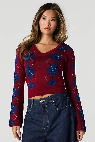Argyle V-Neck Knit Sweater