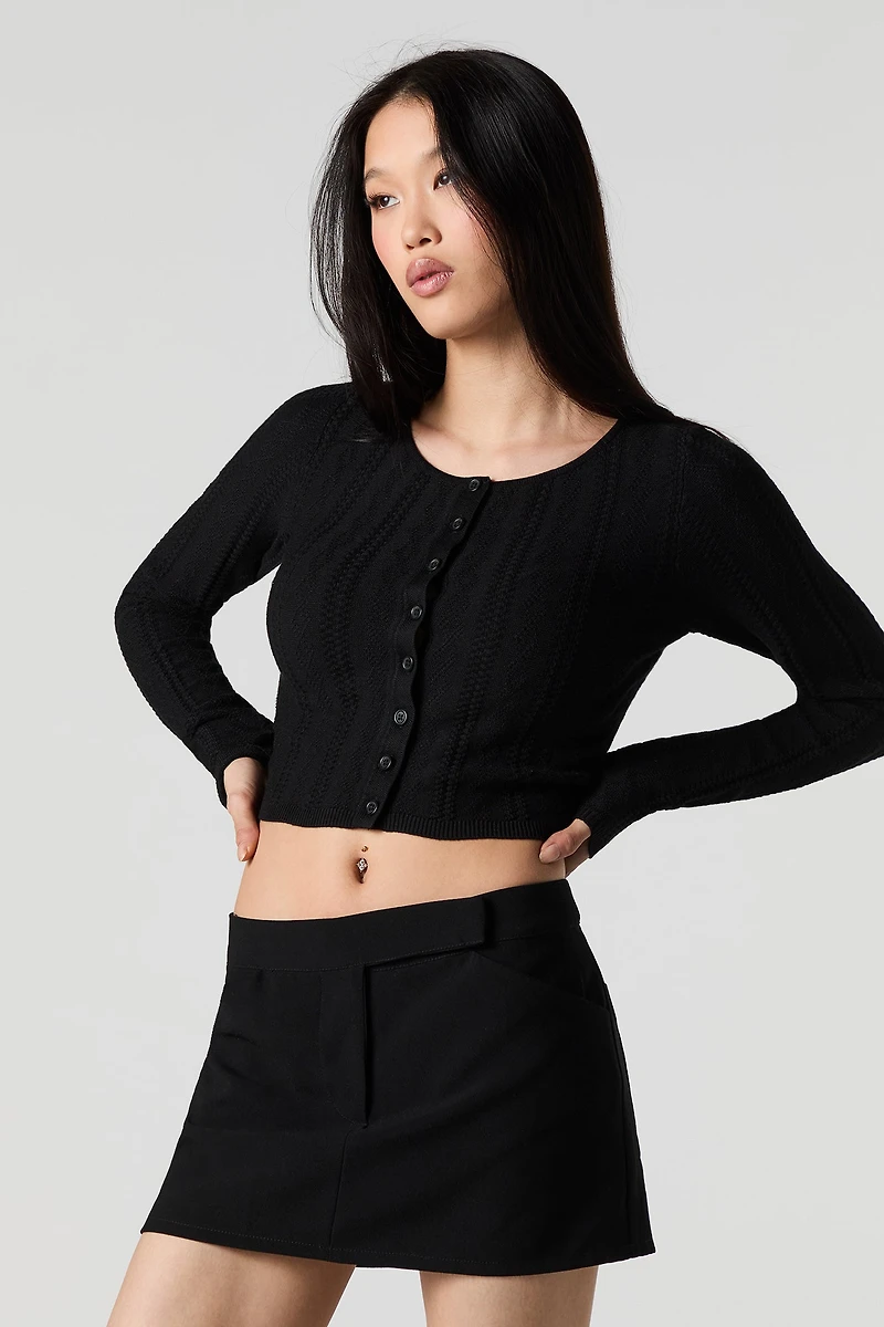Textured Pointelle Knit Cropped Cardigan