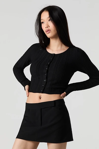 Textured Pointelle Knit Cropped Cardigan