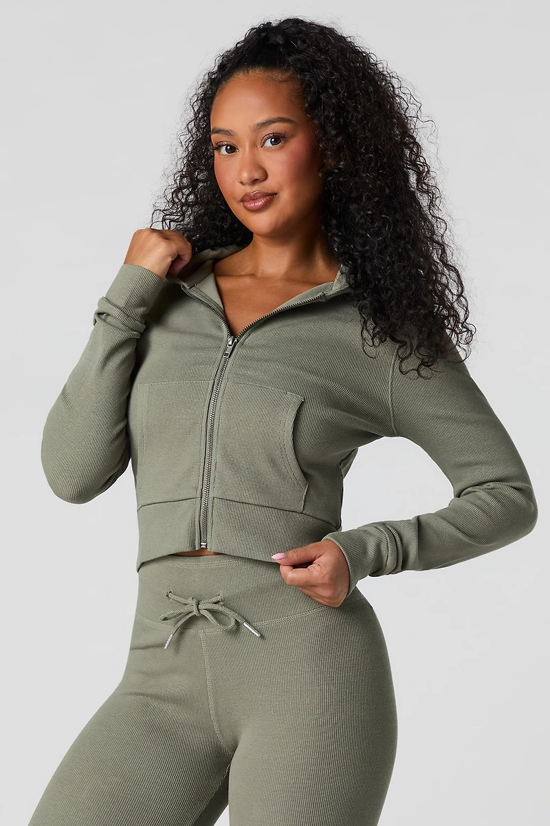 Active Ribbed Zip-Up Cropped Hoodie