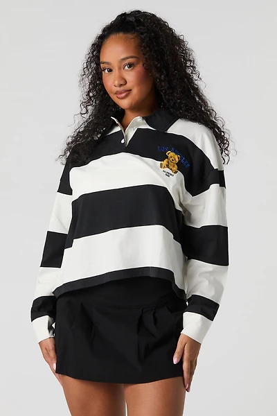 Embroidered Striped Long Sleeve Rugby Polo