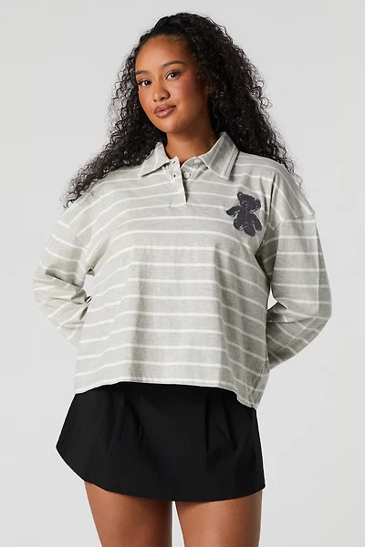 Embroidered Striped Long Sleeve Rugby Polo