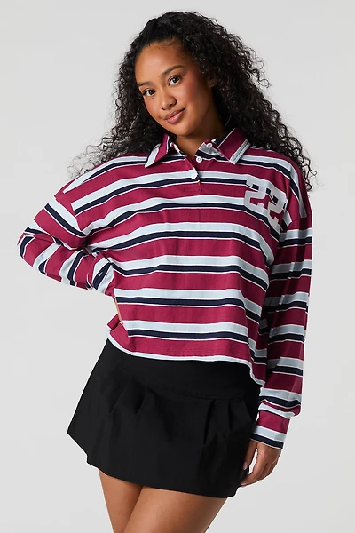 Embroidered Striped Long Sleeve Rugby Polo
