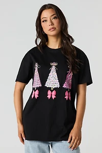 Pink Christmas Trees Graphic Oversized T-Shirt