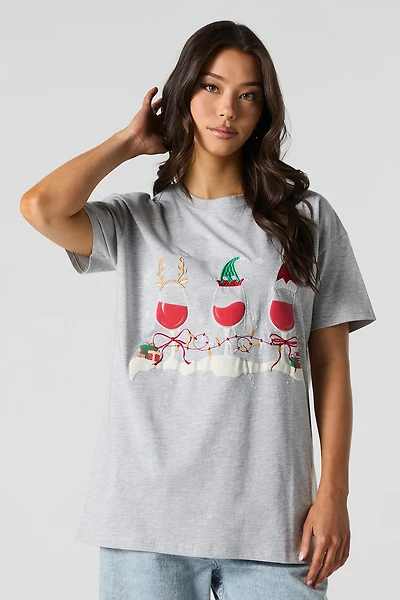 Christmas Wine Graphic Oversized T-Shirt