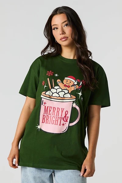 Christmas Gingerbread Graphic & Puffed Print Oversized T-Shirt
