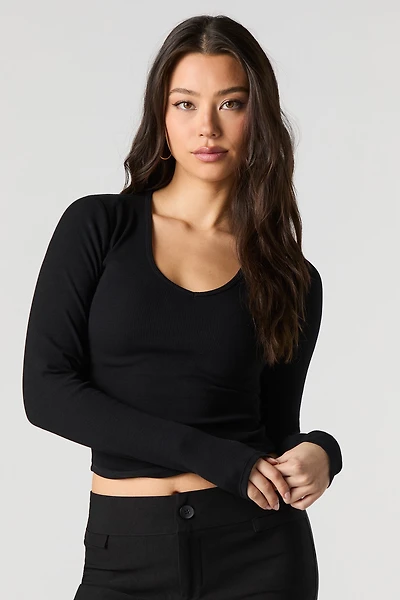 Ribbed Scoop Neck Long Sleeve Top