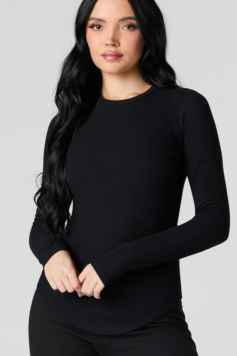 Ribbed Curved Hem Long Sleeve Top