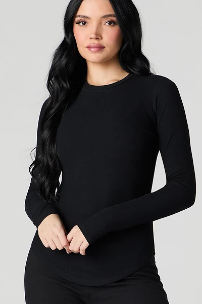 Ribbed Curved Hem Long Sleeve Top